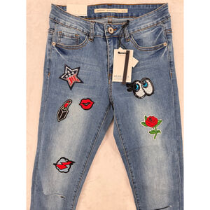Brave Soul Patch Jeans Stretch Skinny Appliqués Novelty Fun Distressed Size 10
